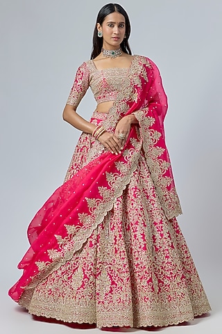 Cherry Red Organza Lehenga Set by anushree reddy