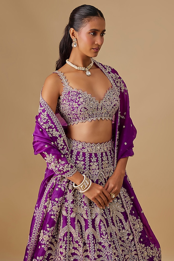Purple Organza Hand Embroidered Bridal Lehenga Set by Anushree Reddy at Pernia's Pop Up Shop