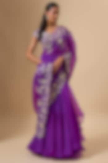 Purple Organza Zari Cutwork Ruffled Reception Saree Set by Anushree Reddy at Pernia's Pop Up Shop