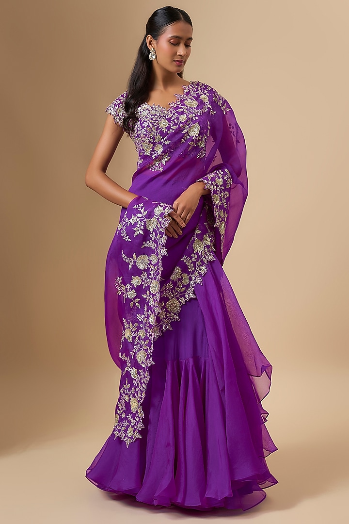 Purple Organza Zari Cutwork Ruffled Reception Saree Set by Anushree Reddy at Pernia's Pop Up Shop