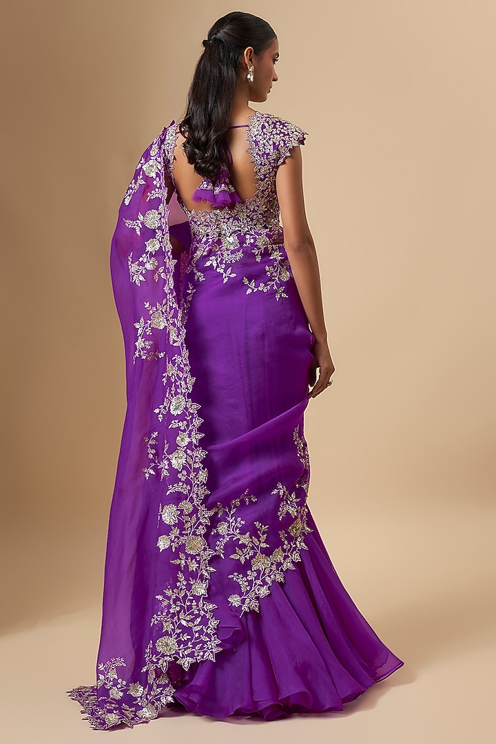 Purple Organza Zari Cutwork Ruffled Reception Saree Set by Anushree Reddy at Pernia's Pop Up Shop