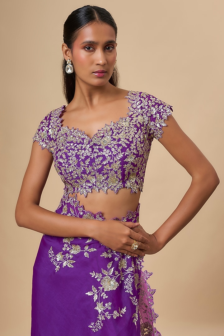 Purple Organza Zari Cutwork Ruffled Reception Saree Set by Anushree Reddy at Pernia's Pop Up Shop