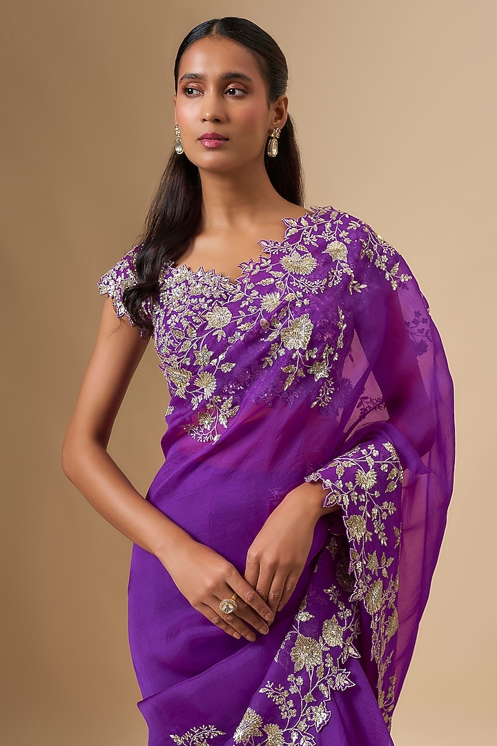 Purple Organza Zari Cutwork Ruffled Reception Saree Set by Anushree Reddy at Pernia's Pop Up Shop