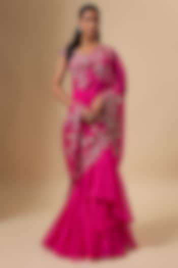 Hot Pink Organza Zari Cutwork Ruffled Reception Saree Set by Anushree Reddy at Pernia's Pop Up Shop