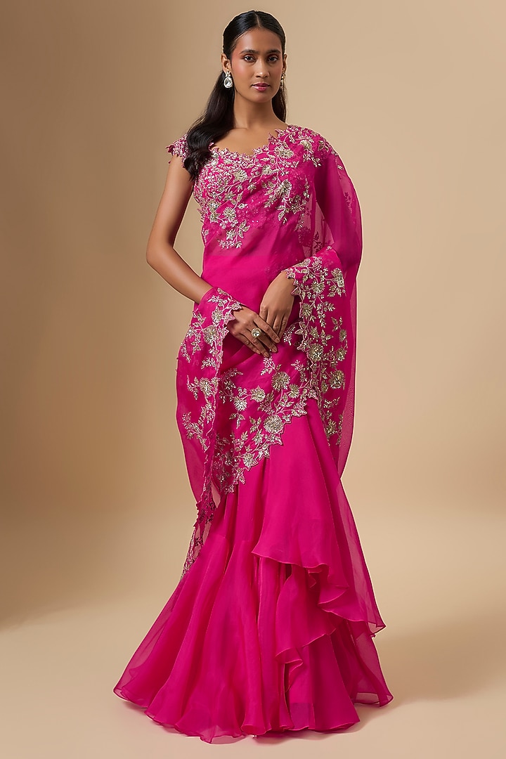 Hot Pink Organza Zari Cutwork Ruffled Reception Saree Set by Anushree Reddy at Pernia's Pop Up Shop
