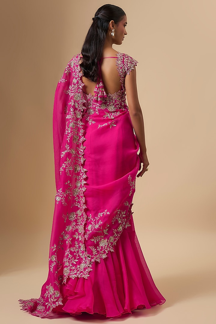 Hot Pink Organza Zari Cutwork Ruffled Reception Saree Set by Anushree Reddy at Pernia's Pop Up Shop