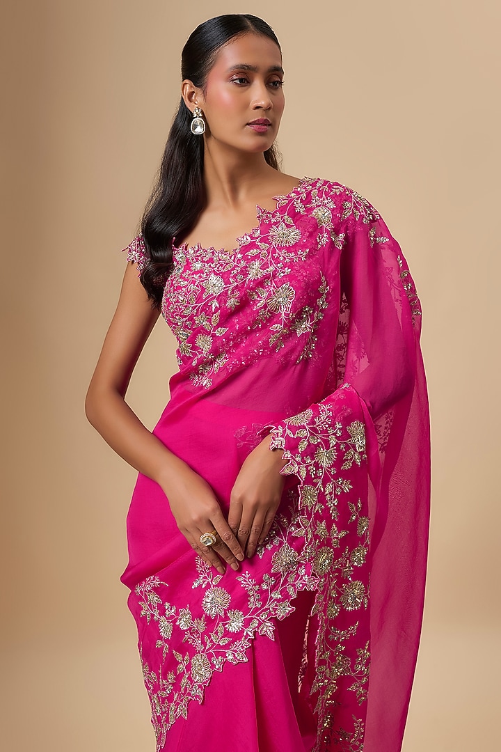 Hot Pink Organza Zari Cutwork Ruffled Reception Saree Set by Anushree Reddy at Pernia's Pop Up Shop