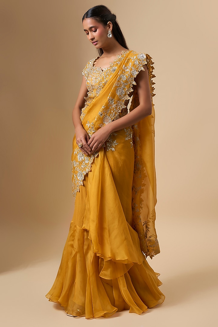 Mustard Yellow Organza Zari Cutwork Ruffled Reception Saree Set by Anushree Reddy at Pernia's Pop Up Shop