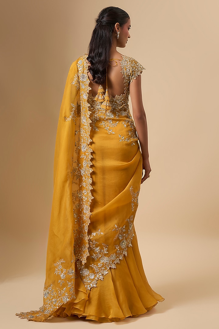 Mustard Yellow Organza Zari Cutwork Ruffled Reception Saree Set by Anushree Reddy at Pernia's Pop Up Shop
