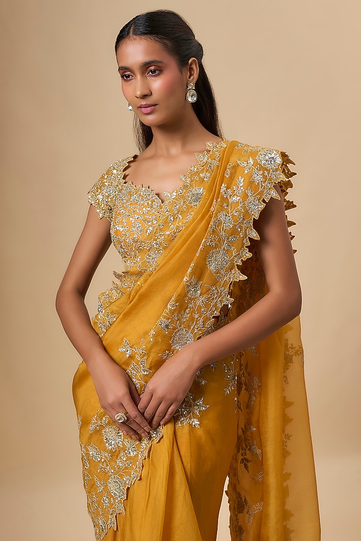 Mustard Yellow Organza Zari Cutwork Ruffled Reception Saree Set by Anushree Reddy at Pernia's Pop Up Shop
