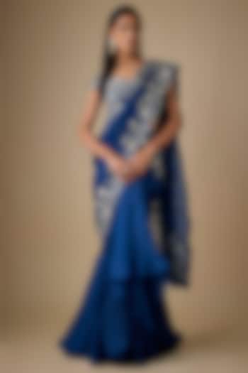 Navy Blue Organza Hand Embroidered Ruffled Reception Saree Set by Anushree Reddy at Pernia's Pop Up Shop