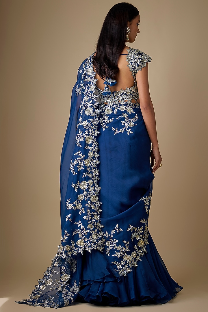 Navy Blue Organza Hand Embroidered Ruffled Reception Saree Set by Anushree Reddy at Pernia's Pop Up Shop