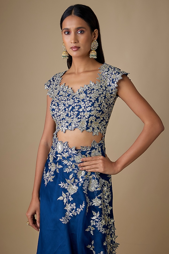 Navy Blue Organza Hand Embroidered Ruffled Reception Saree Set by Anushree Reddy at Pernia's Pop Up Shop