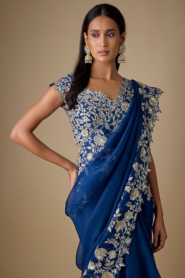 Navy Blue Organza Hand Embroidered Ruffled Reception Saree Set by Anushree Reddy at Pernia's Pop Up Shop