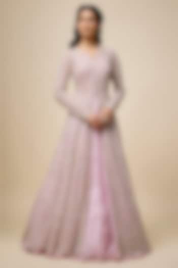 Rose Pink Net & Organza Hand Embroidered Jacket Set by Anushree Reddy at Pernia's Pop Up Shop