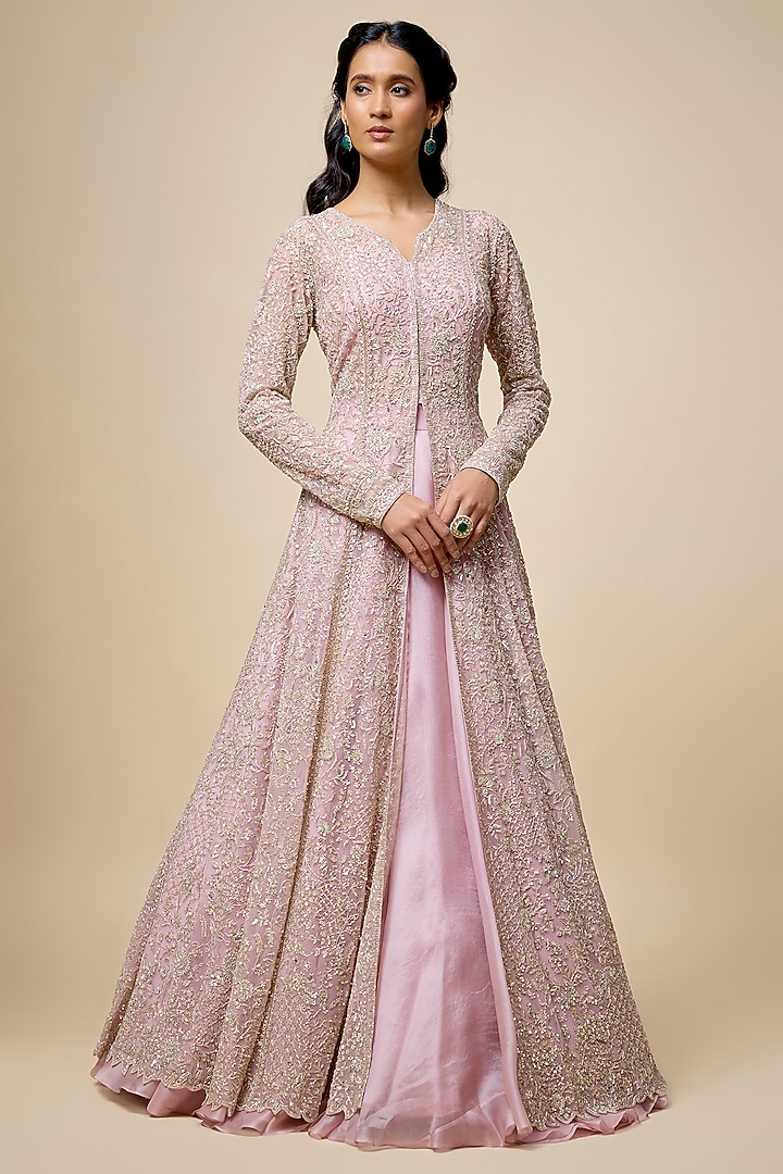 Rose Pink Net & Organza Hand Embroidered Jacket Set by Anushree Reddy at Pernia's Pop Up Shop