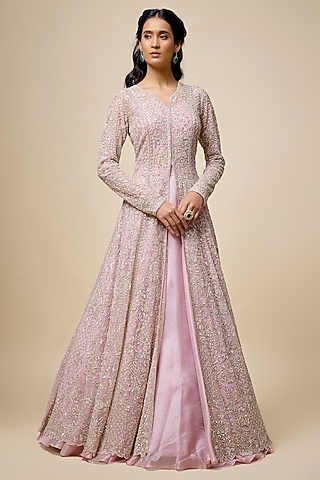 Rose Pink Net & Organza Hand Embroidered Jacket Set by Anushree Reddy