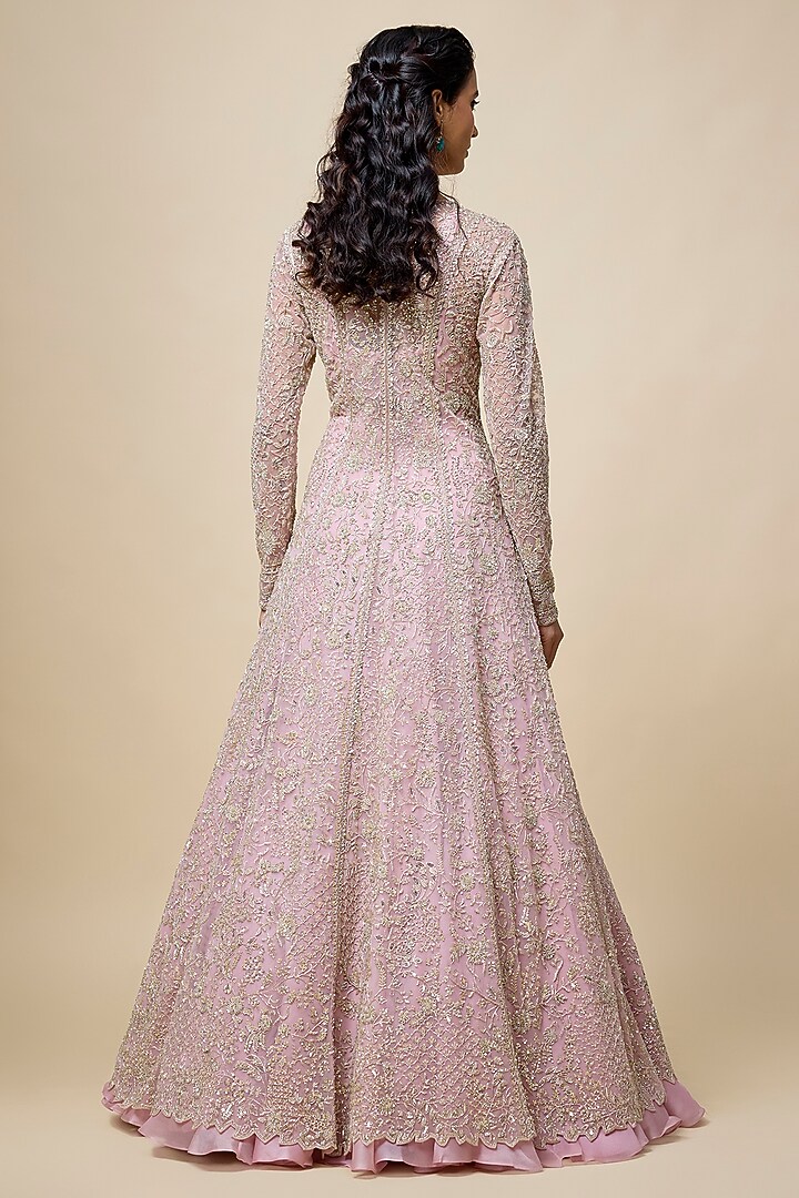 Rose Pink Net & Organza Hand Embroidered Jacket Set by Anushree Reddy at Pernia's Pop Up Shop