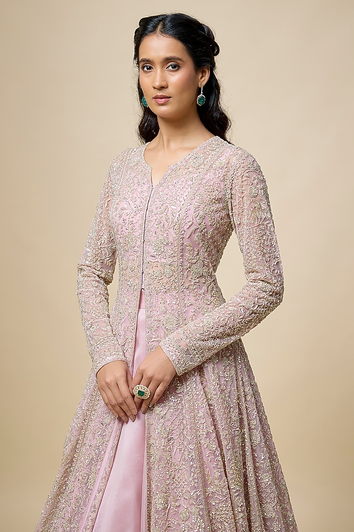 Rose Pink Net & Organza Hand Embroidered Jacket Set by Anushree Reddy at Pernia's Pop Up Shop