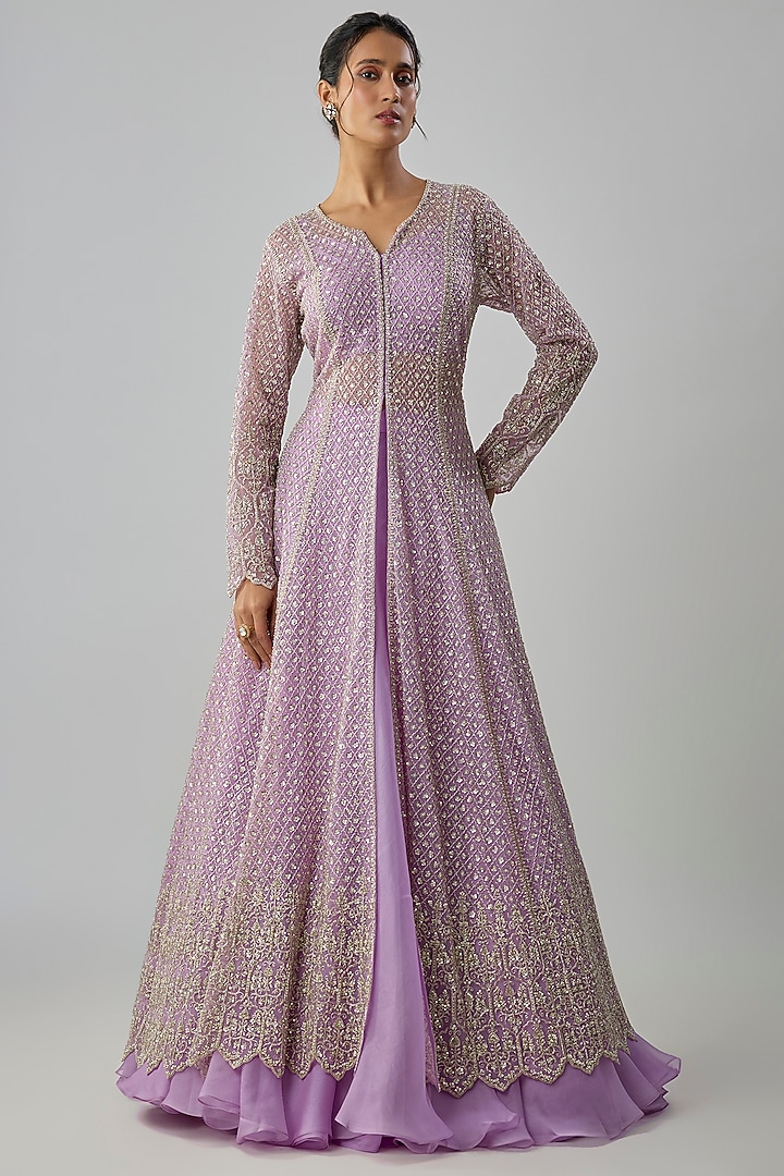 Lavender Organza Embroidered Jacket Set by Anushree Reddy at Pernia's Pop Up Shop