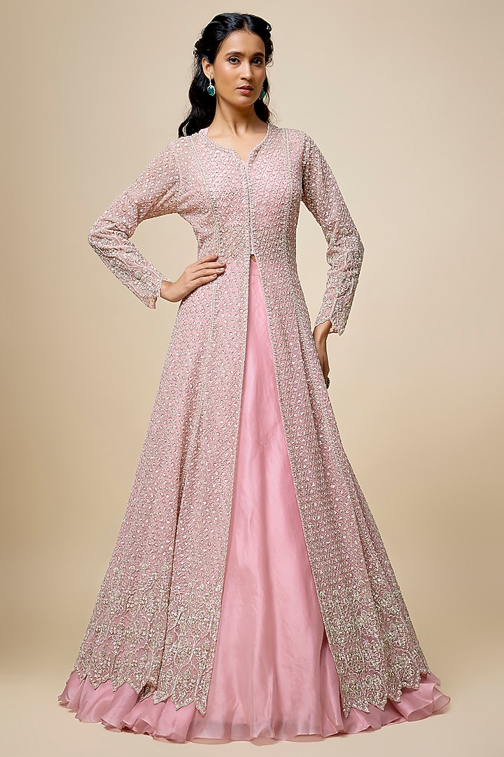 Blush Pink Net & Organza Hand Embroidered Jacket Set by Anushree Reddy at Pernia's Pop Up Shop