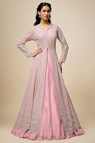 Blush Pink Net & Organza Hand Embroidered Jacket Set by Anushree Reddy