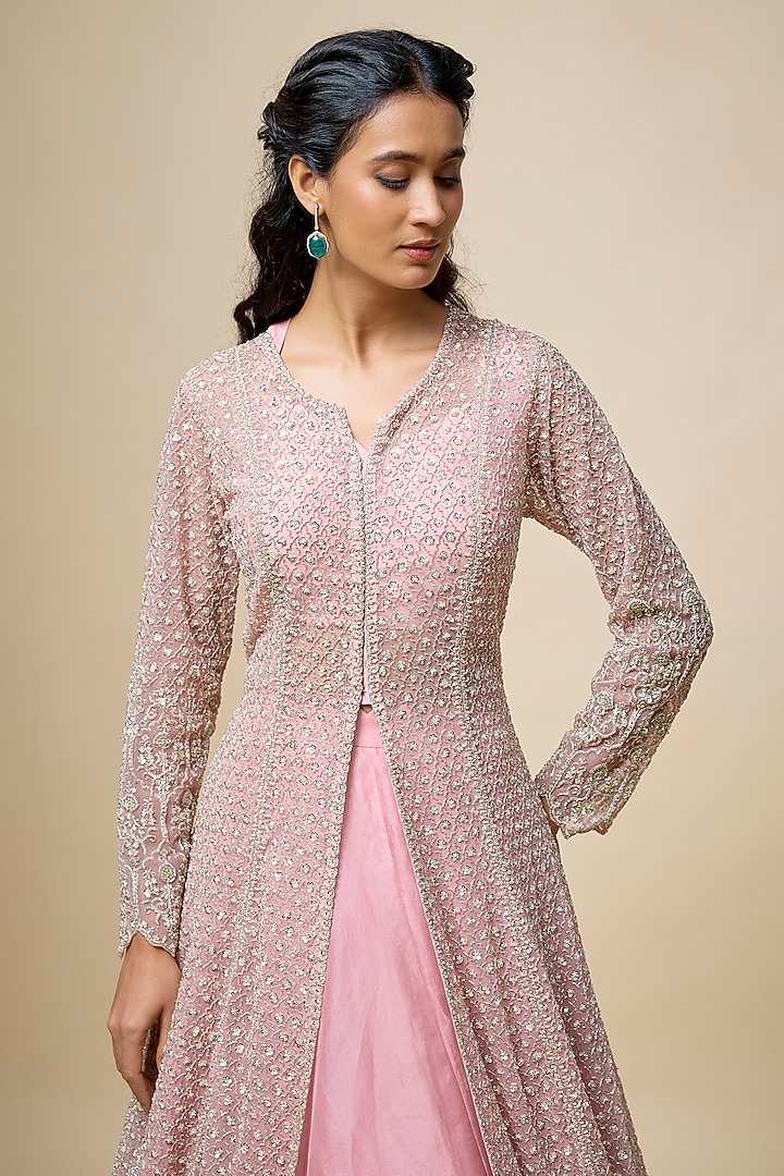 Blush Pink Net & Organza Hand Embroidered Jacket Set by Anushree Reddy at Pernia's Pop Up Shop