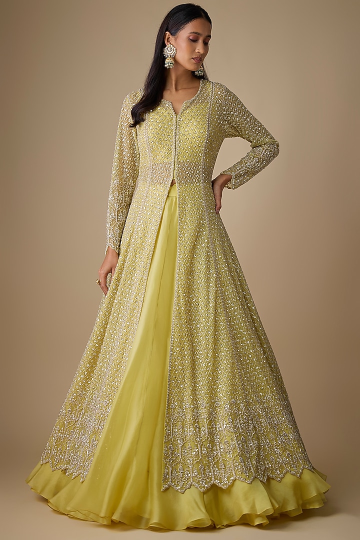 Yellow Net & Organza Hand Embroidered Jacket Set by Anushree Reddy at Pernia's Pop Up Shop