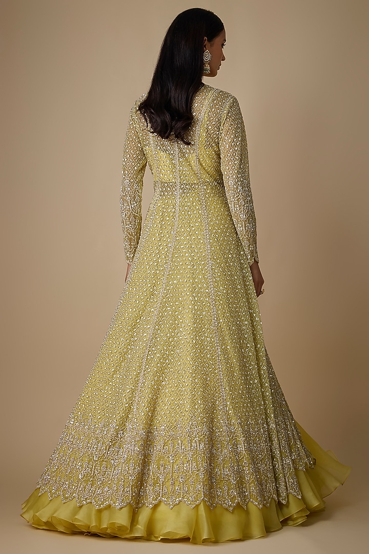 Yellow Net & Organza Hand Embroidered Jacket Set by Anushree Reddy at Pernia's Pop Up Shop