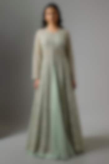 Sea Green Net & Organza Hand Embroidered Jacket Set by Anushree Reddy at Pernia's Pop Up Shop