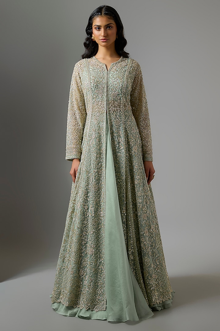 Sea Green Net & Organza Hand Embroidered Jacket Set by Anushree Reddy at Pernia's Pop Up Shop