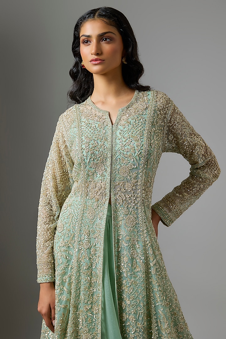 Sea Green Net & Organza Hand Embroidered Jacket Set by Anushree Reddy at Pernia's Pop Up Shop