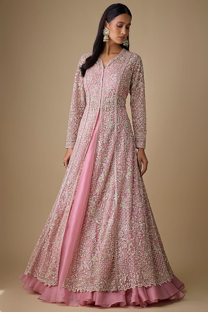 Blush Pink Net & Organza Hand Embroidered Jacket Set by Anushree Reddy at Pernia's Pop Up Shop