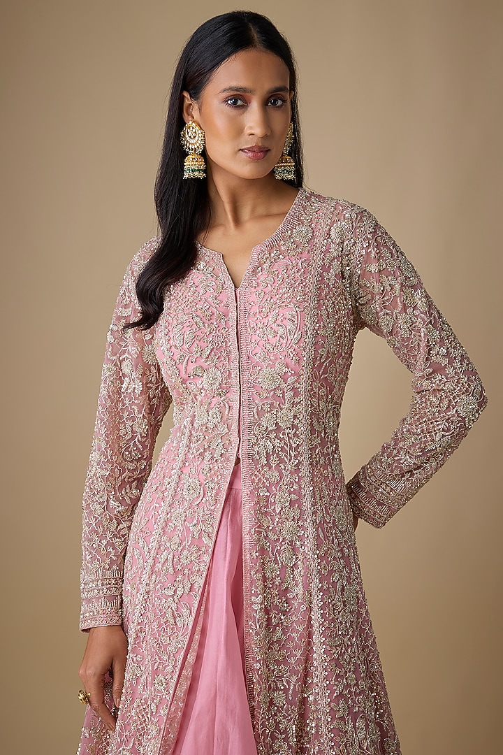 Blush Pink Net & Organza Hand Embroidered Jacket Set by Anushree Reddy at Pernia's Pop Up Shop