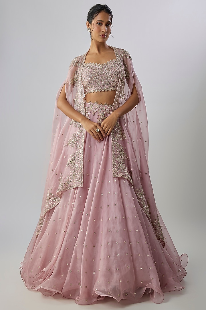 Pink Organza Hand Embroidered Cape Set by Anushree Reddy at Pernia's Pop Up Shop