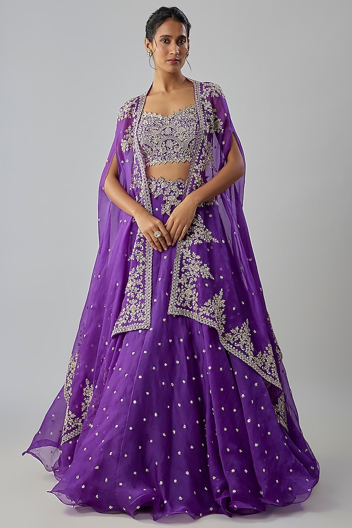 Purple Organza Hand Embroidered Cape Set by Anushree Reddy at Pernia's Pop Up Shop