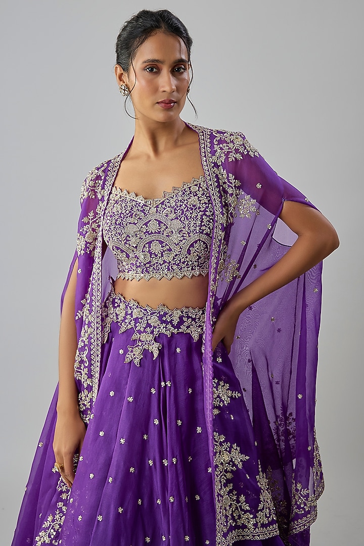 Purple Organza Hand Embroidered Cape Set by Anushree Reddy at Pernia's Pop Up Shop