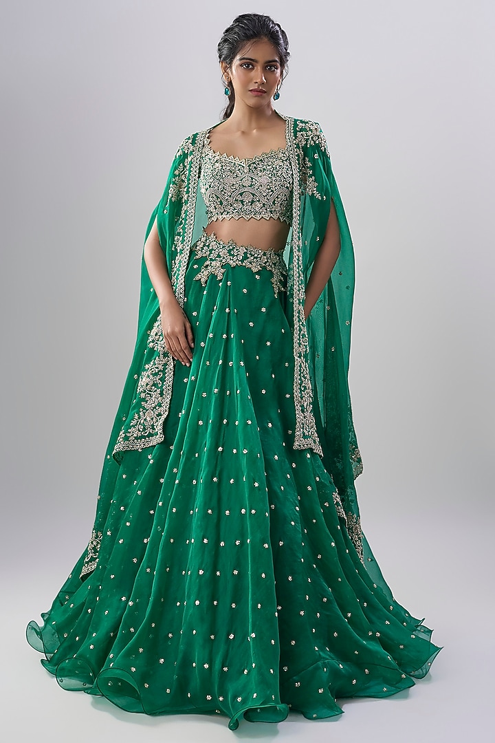Emerald Green Organza Hand Embroidered Bridal Lehenga Set by Anushree Reddy at Pernia's Pop Up Shop