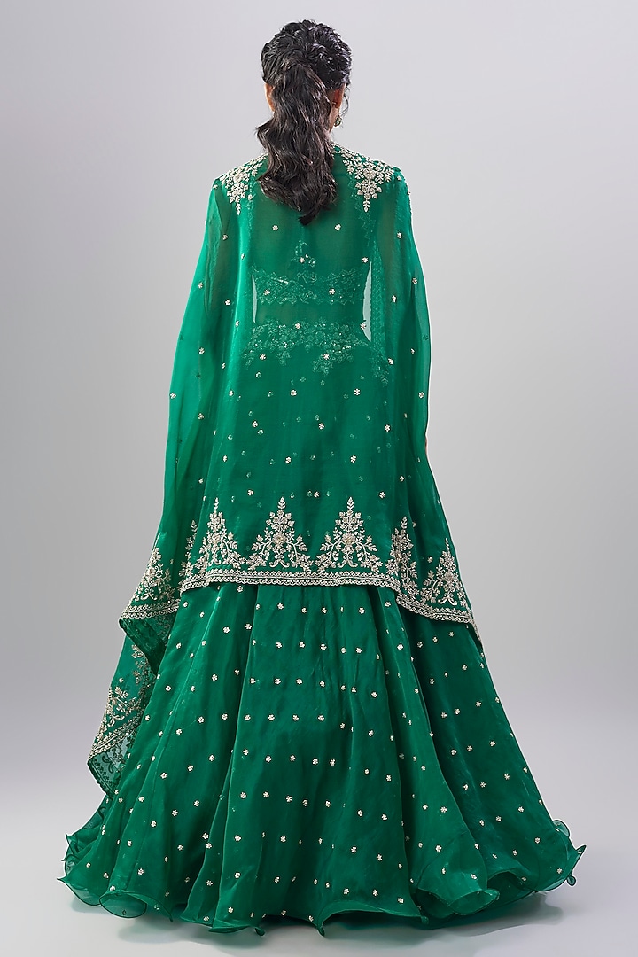 Emerald Green Organza Hand Embroidered Bridal Lehenga Set by Anushree Reddy at Pernia's Pop Up Shop