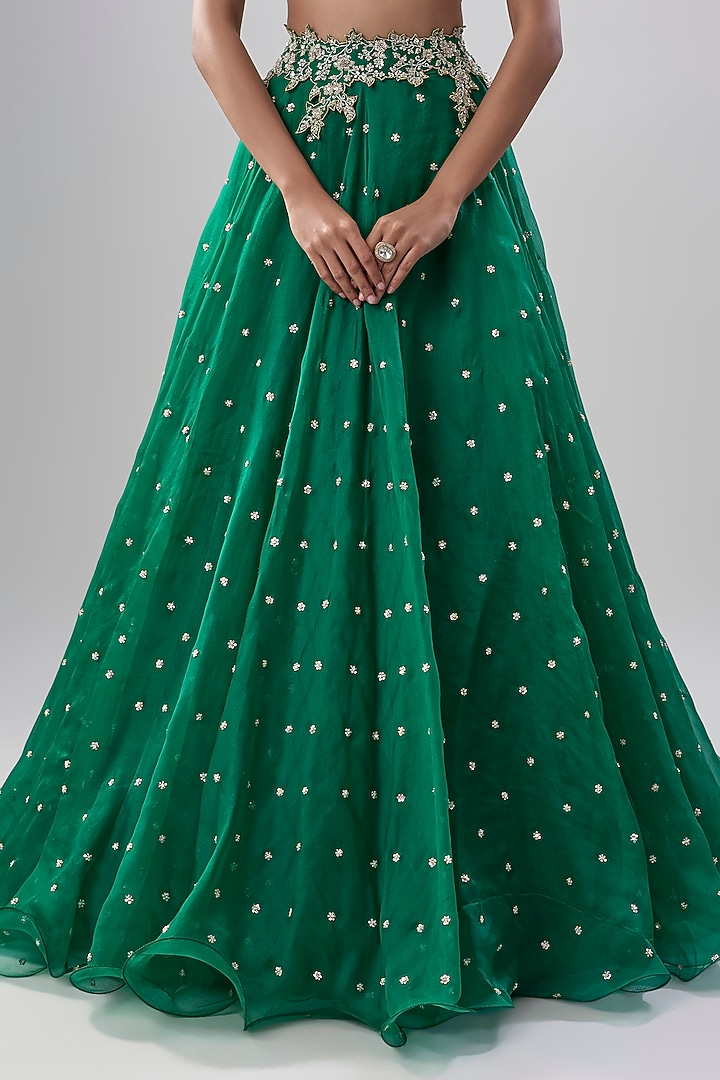 Emerald Green Organza Hand Embroidered Bridal Lehenga Set by Anushree Reddy at Pernia's Pop Up Shop