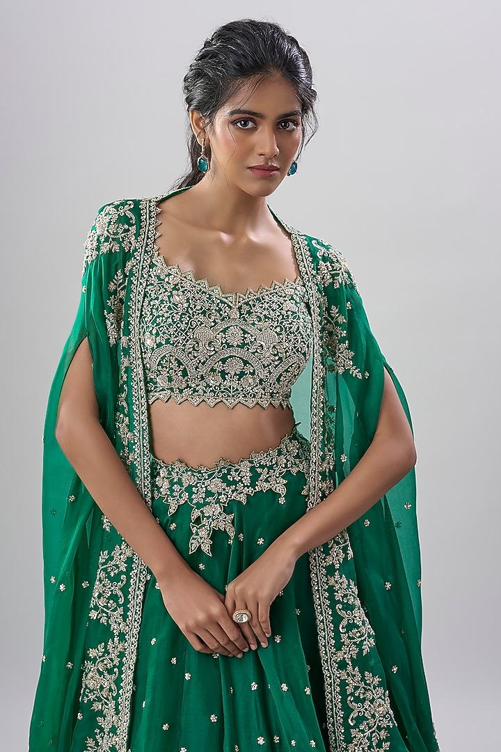 Emerald Green Organza Hand Embroidered Bridal Lehenga Set by Anushree Reddy at Pernia's Pop Up Shop