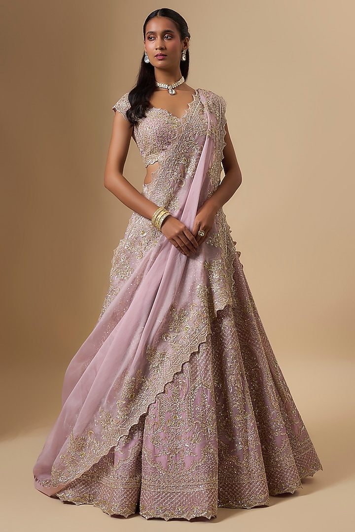 Blush Pink Organza Hand Embroidered Bridal Lehenga Set by Anushree Reddy at Pernia's Pop Up Shop