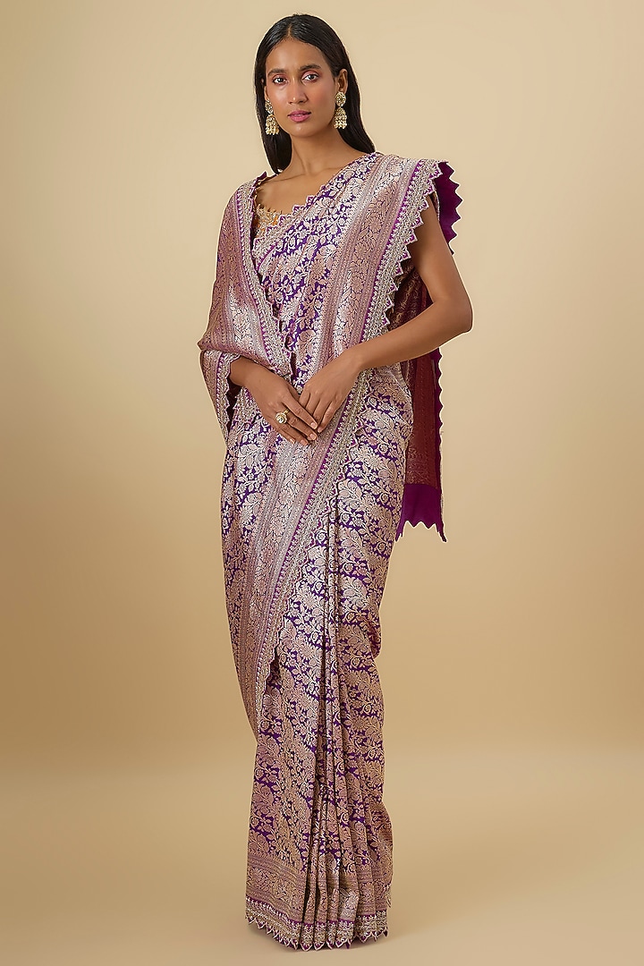 Purple Silk Banarasi Hand Embroidered Bridal Saree Set by Anushree Reddy at Pernia's Pop Up Shop