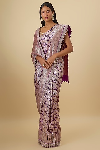 Purple Silk Banarasi Hand Embroidered Saree Set by Anushree Reddy