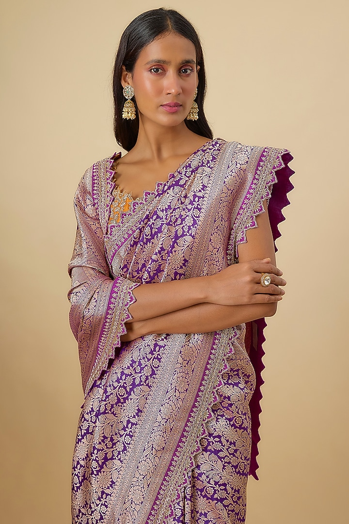 Purple Silk Banarasi Hand Embroidered Bridal Saree Set by Anushree Reddy at Pernia's Pop Up Shop