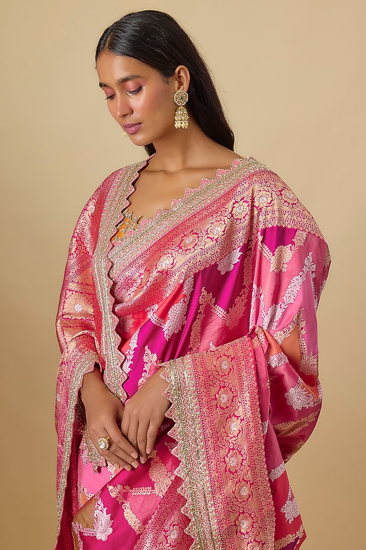 Multi-Colored Silk Banarasi Hand Embroidered Bridal Saree Set by Anushree Reddy at Pernia's Pop Up Shop