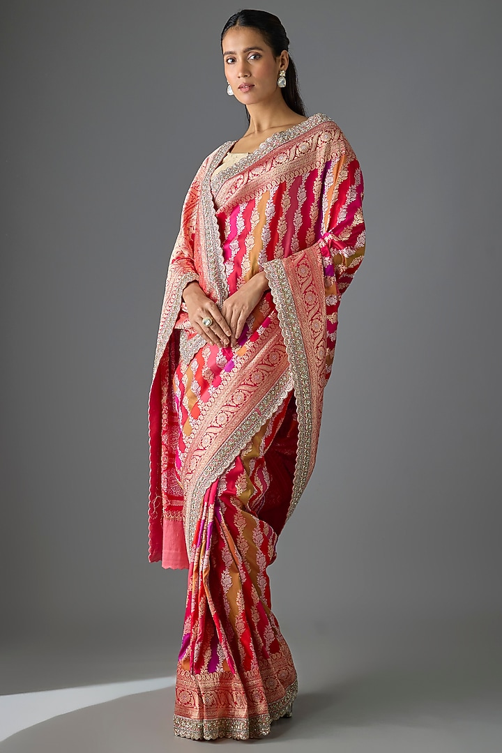 Multi-Colored Banarasi Silk Hand Embroidered Bridal Saree Set by Anushree Reddy at Pernia's Pop Up Shop