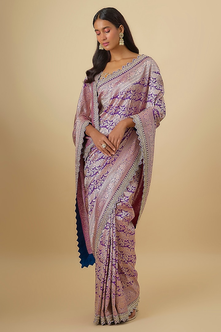 Purple Silk Banarasi Hand Embroidered Bridal Saree Set by Anushree Reddy at Pernia's Pop Up Shop
