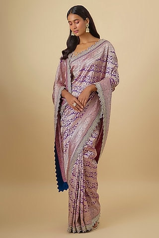 Purple Silk Banarasi Hand Embroidered Saree Set by Anushree Reddy