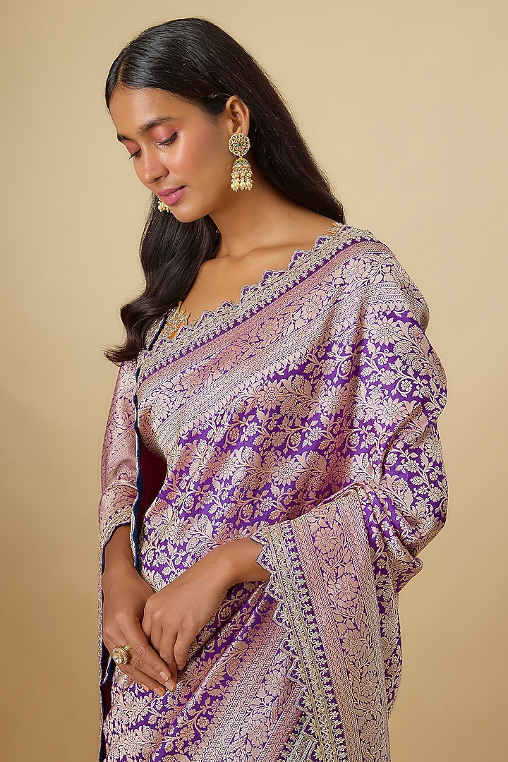 Purple Silk Banarasi Hand Embroidered Bridal Saree Set by Anushree Reddy at Pernia's Pop Up Shop